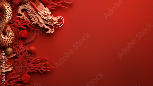 3D rendered images of Chinese and Japanese style red dragons. Has a pastel colored background. For various designs or festivals such as New Year, carnival, abstract.