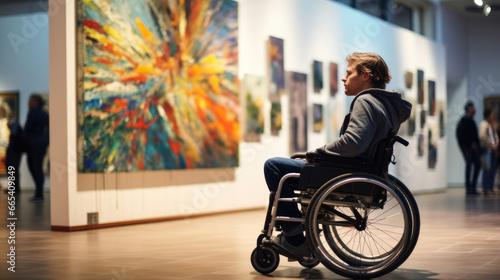 A wheelchair user exploring an art gallery