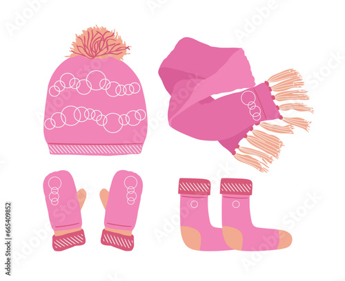 Pink Hat with a Pompom, Scarf, socks and Mitten Set Knitted Seasonal Winter Traditional Accessories with Ornament.