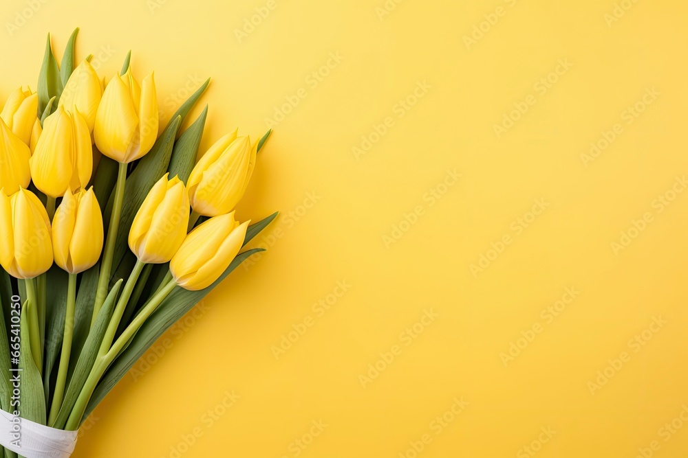 Top view design of holiday greeting tulip flower bouquet on bright yellow Background. AI Generated Top view design of holiday greeting tulip flower bouquet on bright yellow Background. AI Generated