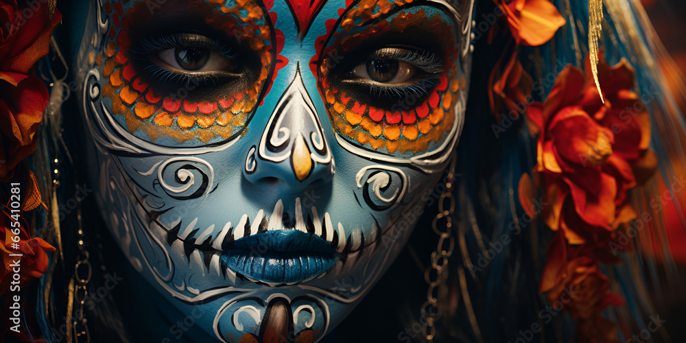 Dias de los Muertos: Woman with Intricate Sugar Skull Makeup. Young Woman Celebrating Day of the Dead with Sugar Skull