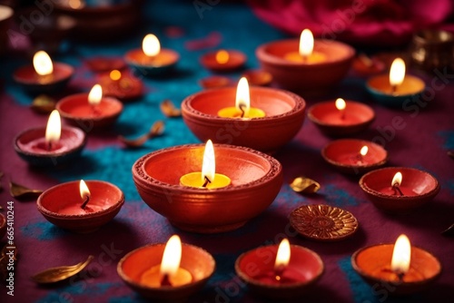 Diwali or Deepavali - Clay Diya lamps lit during Diwali celebration in India.