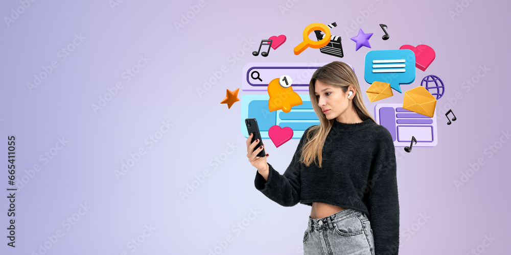 Pensive woman with smartphone in hand, social media and communication Pensive woman with smartphone in hand, social media and communication