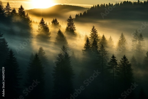 Misty sunrise with foggy trees in a fir forest during the morning. Generative AI