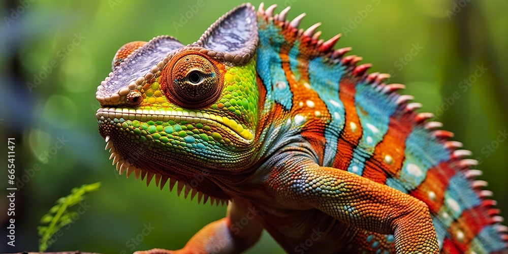 A colorful close up chameleon with a high crest on its head. Generative AI