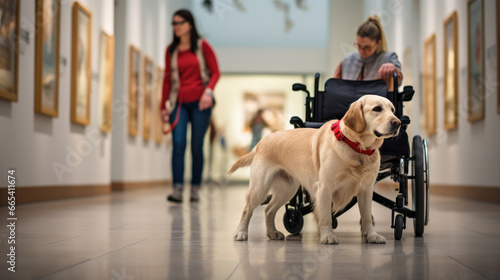 A service dog guiding a person with limited mobility through a museum