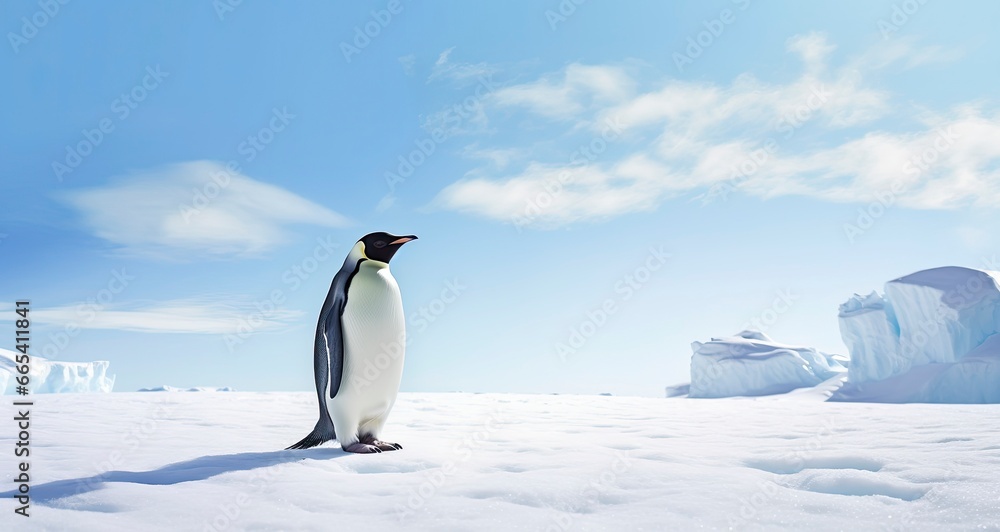 Penguin standing in Antarctica looking into the blue sky. AI Generated
