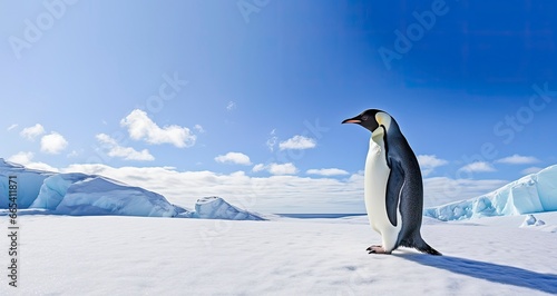 Penguin standing in Antarctica looking into the blue sky. AI Generated