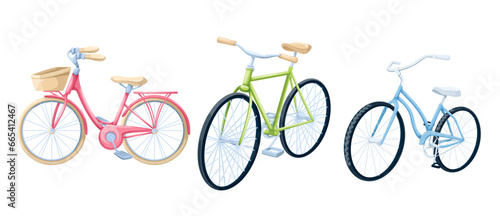 Bike set vector illustration. Cartoon isolated collection of different types of bicycles with two wheels, pedals and handlebar, bike for girl with basket in front, vehicle for man and woman to ride photo