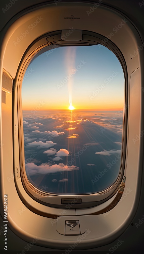 Naklejka premium View from the porthole of an airplane with a beautiful sunset.
