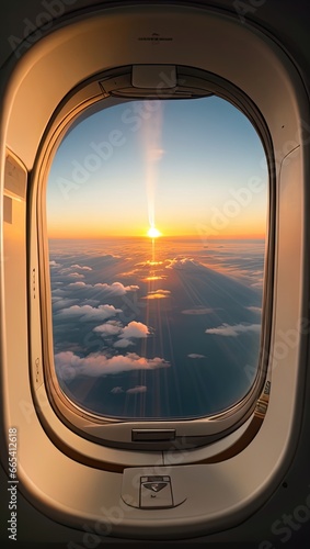 View from the porthole of an airplane with a beautiful sunset.