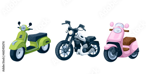 Scooters and motorcycle set vector illustration. Cartoon isolated different motor city transport collection with black modern motorbike, retro pink moped for girl driver, green scooter for travel