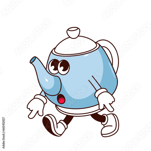 Groovy coffee or teapot character vector illustration. Cartoon isolated retro funky kitchenware sticker, quirky balloon kettle mascot with arms and legs walking to coffee break, tea party time