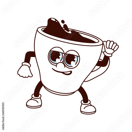 Groovy coffee cup character vector illustration. Cartoon isolated retro funny sticker of strong coffee glass mug with arms and legs, morning espresso mascot with fist up positive gesture of strength
