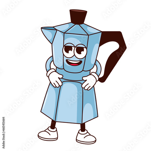 Groovy coffee maker character vector illustration. Cartoon isolated retro funny sticker of metal geyser pot to brew espresso coffee for breakfast, funky confident mascot with arms and legs, happy face