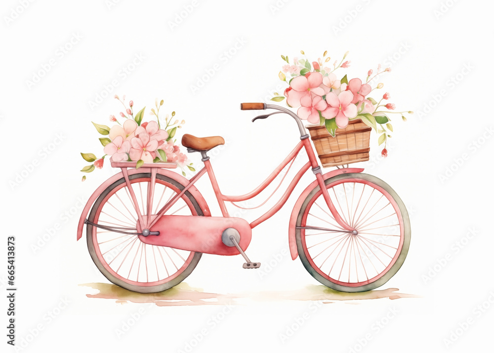 Watercolor illustration of pink kid's bicycle with flowers on a white background