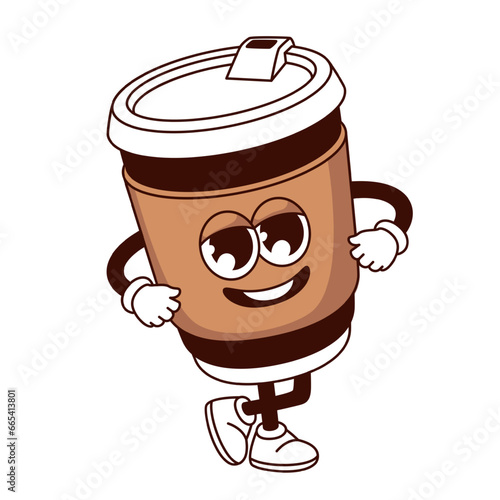 Groovy coffee cup character vector illustration. Cartoon isolated retro sticker of happy paper or plastic mug with cap and smile on face, mascot with arms and legs, takeaway drink for coffee break