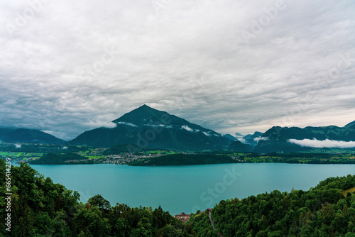 Panoramic view of Lake Thun in Switzerland.