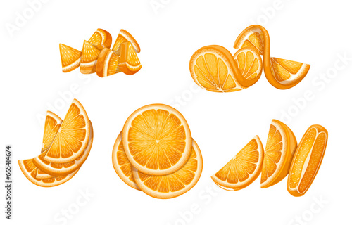 Orange slices set vector illustration. Cartoon isolated citrus fruit cut into wedges with peel and pulp, round pieces and sections, orange half circles for fresh lemonade, cocktail or healthy juice