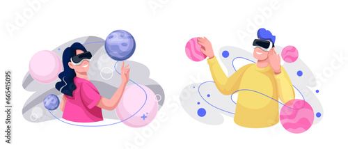Virtual reality experience set vector illustration. Cartoon man and woman watching in VR glasses on planets of space to study and explore universe, unusual virtual lesson with metaverse technology