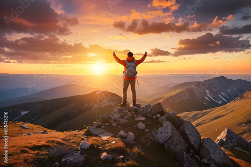 Young man hiker looking sunset at top of the mountain. goals concept. success concept.