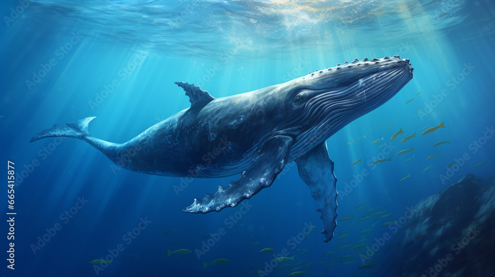 A humpback whale swimming leisurely in the blue sea, generate AI