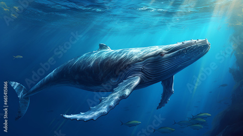 A humpback whale swimming leisurely in the blue sea, generate AI