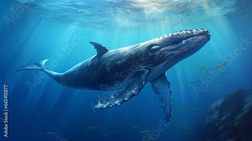 A humpback whale swimming leisurely in the blue sea, generate AI