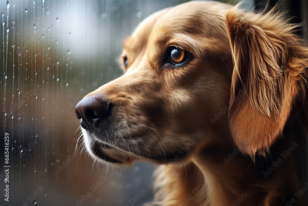 of a sad lonely dog looking out a window, close up on the dog's face, expressive face, it is cloudy outside and there are raindrops on the window