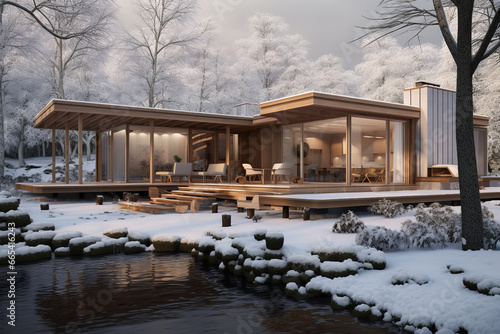 modern scandi-style house, winter, snow in the yard, firewood at home,