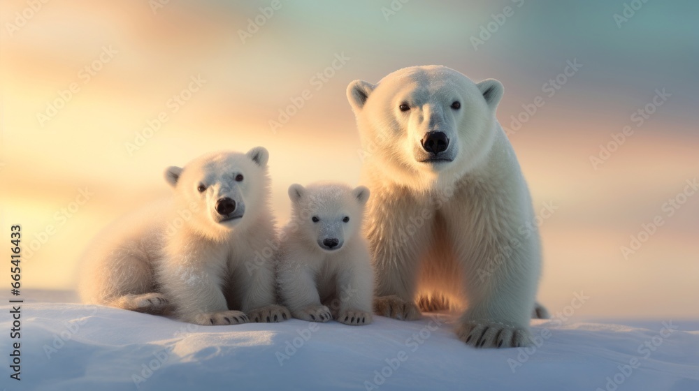 Polar bear with her cubes in the snow background, The polar bear cubs are snuggling with their mother in the icy Arctic environment.
Polar bear with her cubes in the snow background, The polar bear cubs are snuggling with their mother in the icy Arctic environment.