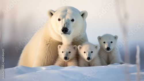 Polar bear with her cubes in the snow background, The polar bear cubs are snuggling with their mother in the icy Arctic environment. 