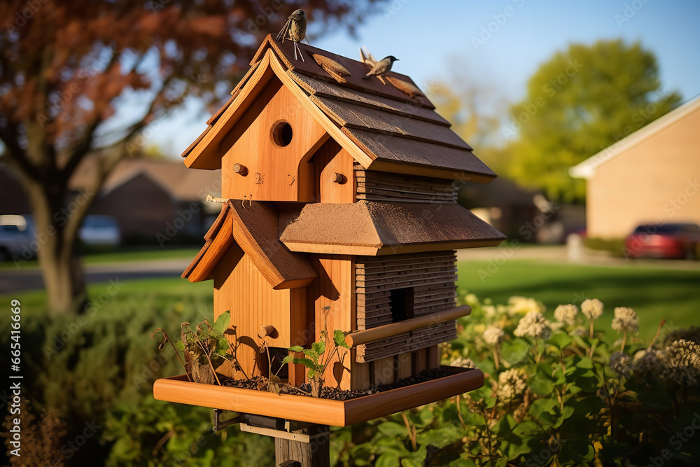 Shot of brick and wood combo birdhouse in prairie Shot of brick and wood combo birdhouse in prairie