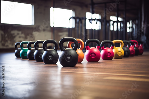 shot of a variety of kettlebells lined up on the gym floor photo