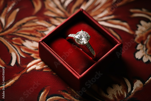 shot of an engagement ring in a velvet box on satin sheets © Nate