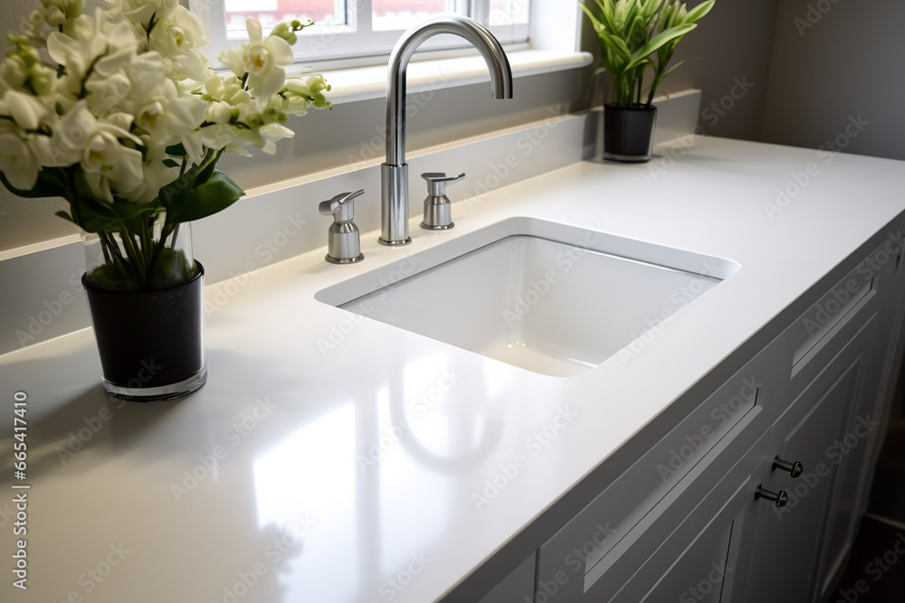 shot of modern white countertop with under-mount sink shot of modern white countertop with under-mount sink