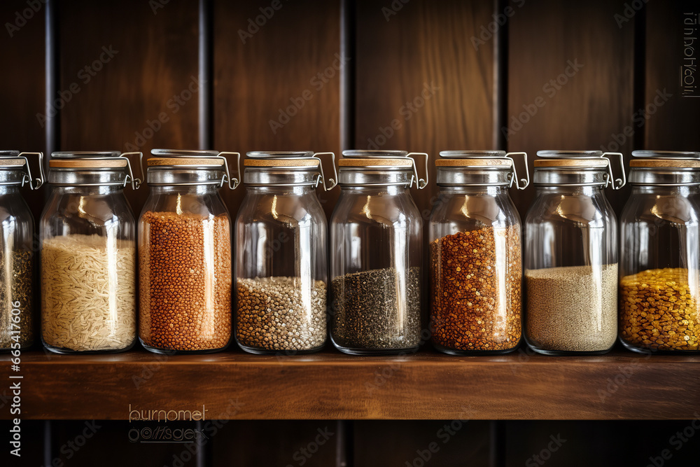 shot of unprocessed whole grains in glass jars on a kitchen shelf shot of unprocessed whole grains in glass jars on a kitchen shelf