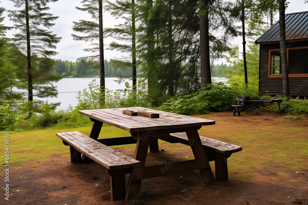 shot of well arranged picnic table in the backyard of cottage rental shot of well arranged picnic table in the backyard of cottage rental