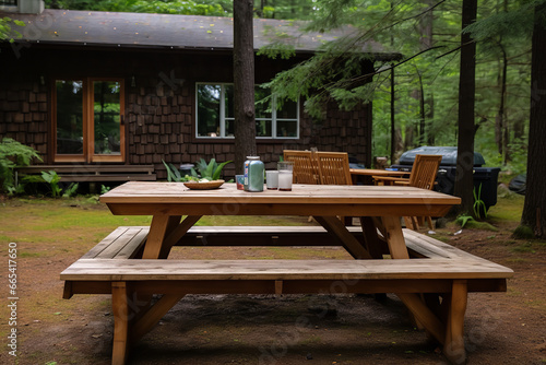 shot of well arranged picnic table in the backyard of cottage rental