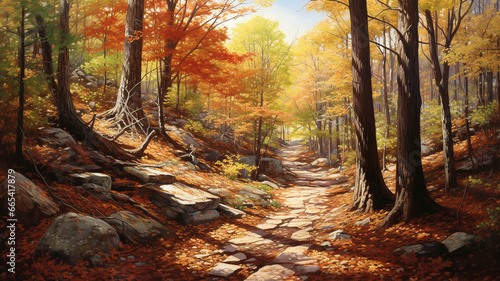 A tranquil forest path dappled with sunlight leads toward a colorful canopy of autumn leaves