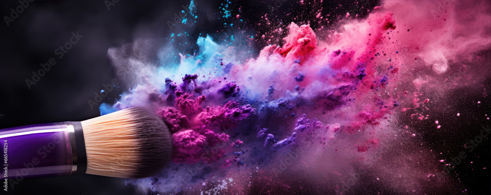 Pink purple powder explosion with makeup brush, - obrazy, fototapety, plakaty 