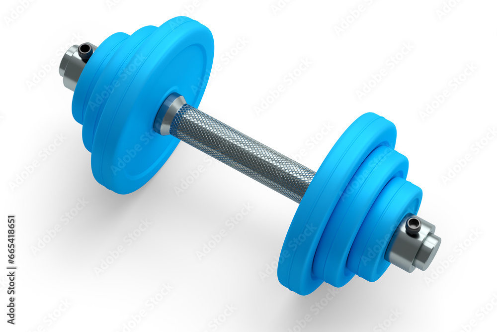 Metal dumbbell with blue disks isolated on white background Metal dumbbell with blue disks isolated on white background