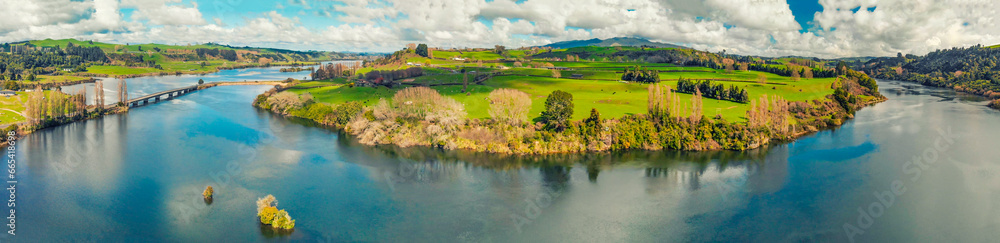 Amazing aerial view of Waikato River in spring season, North Island - New Zealand