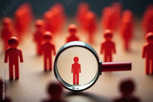  a magnifying glass looking to red wood people,Select a person in the team, Human Resource.