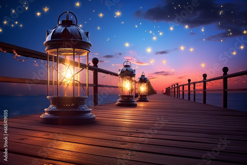The enchanting tropical beach pier on a summer evening. Lantern lights cast a fantastic and magical spell on the memories of the journey. concept of an extraordinary holiday beneath the night sky star