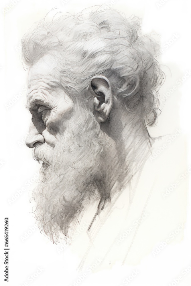 Portrait of a old man with a white beard in profile, pencil drawing