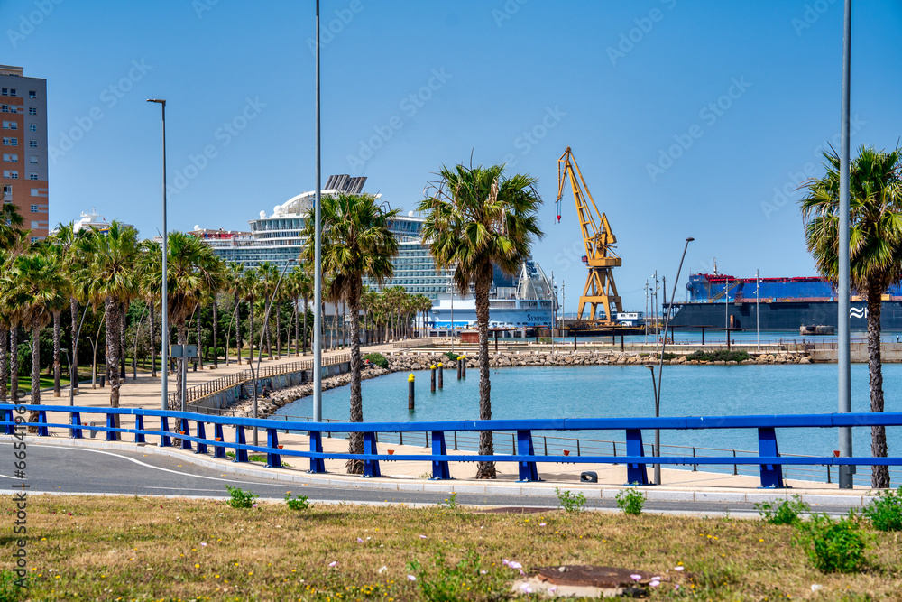 Cadiz, Spain - April 8, 2023: A cruise ship in the city port on a sunny day