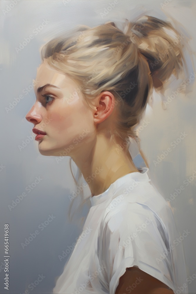 Painting of a young woman with blonde hair in profile, illustration Painting of a young woman with blonde hair in profile, illustration