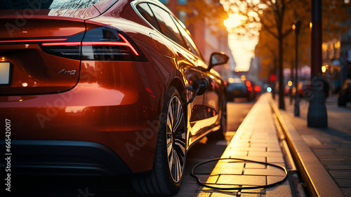 Electric car rear design, red painted luxury sedan, urban sunset view, near charging station, modern transportation technology Generative AI