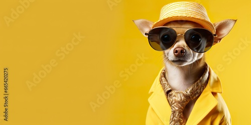 Cool looking Chihuahua dog wearing funky fashion dress. space for text right side. © Hamidakhanom